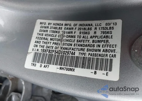 2013 Honda Civic Lx из США, поврежденный, VIN 19XFB2F54DE029744